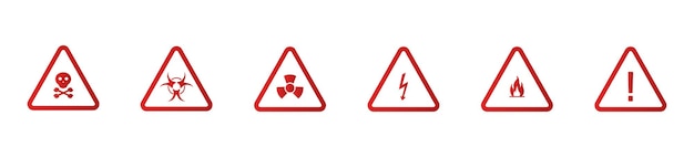 느낌표가 있는 표지판 아이콘 설정 경고 주의 도로 교통 라운드 죽음 주의 포인트 알림 핵 삼각형 화재 경고 벡터 흰색 배경에 선 아이콘 설정