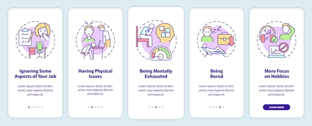 Segnali che hai una carriera sbagliata onboarding schermo dell'app mobile essere annoiato procedura dettagliata 5 passaggi pagine di istruzioni grafiche con concetti lineari modello gui ui ux myriad probold font regolari utilizzati