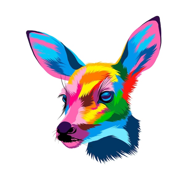 Портрет головы пятнистого оленя из разноцветных красок всплеск акварельного цветного рисунка реалистично