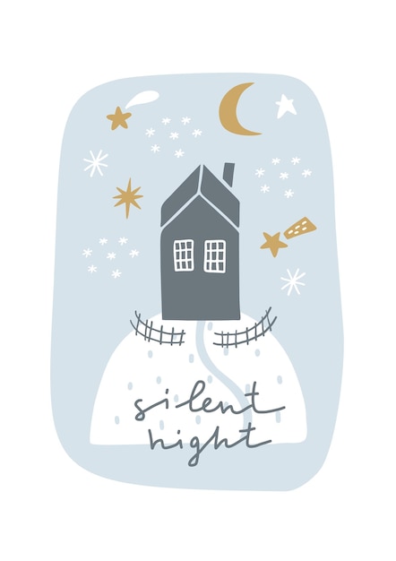 Silent night. Christmas card. Hand drawn illustration in cartoon style