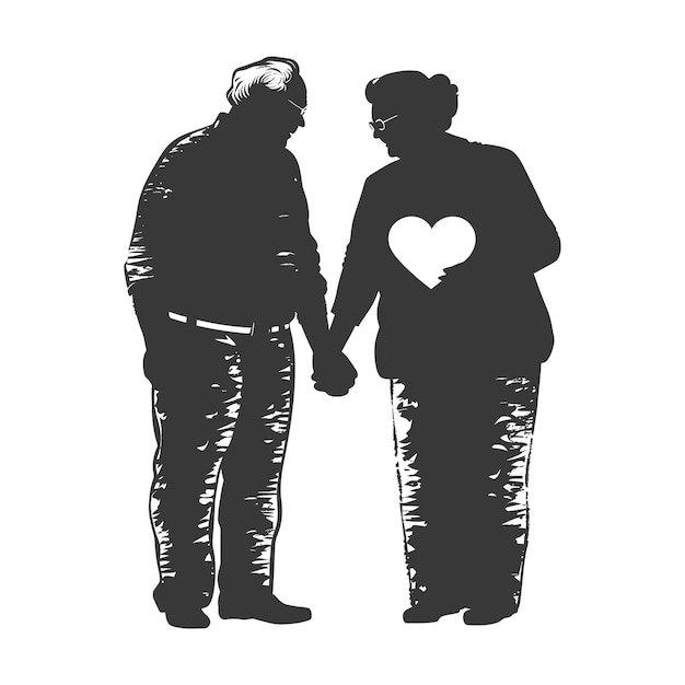 Vector silhouet bejaard echtpaar met een hart symbool alleen zwarte kleur
