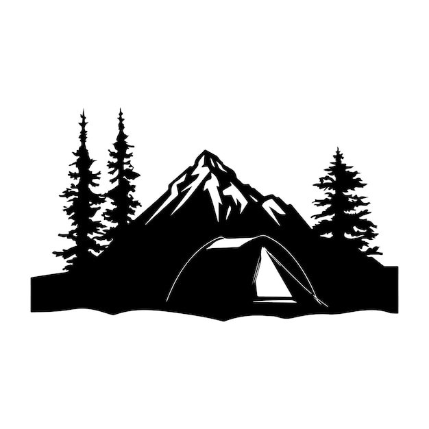 Silhouet clipart van een bergcampingscène zwart-wit