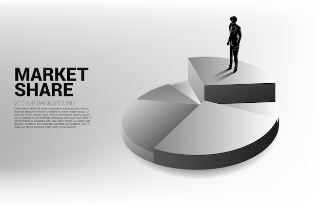 Silhouet dat van zakenman zich bovenop cirkeldiagram bevindt. concept van groei business, succes in carrière pad.