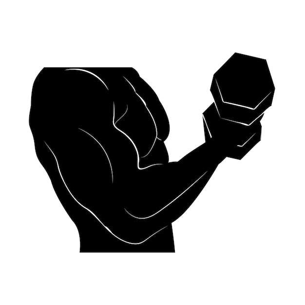 Silhouet. De mens houdt halters vast. Fitnessclub. Logo. Sport. Lichaamsbeweging.