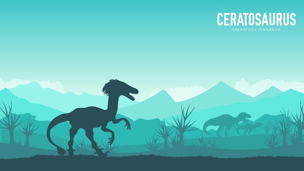 Silhouet dinosaurus ceratosaurus in de achtergrond van zijn habitat. jungle prehistorisch wezen in de natuur