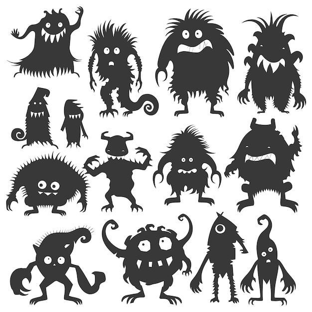 Vector silhouet grappige monsters collectie set alleen zwarte kleur