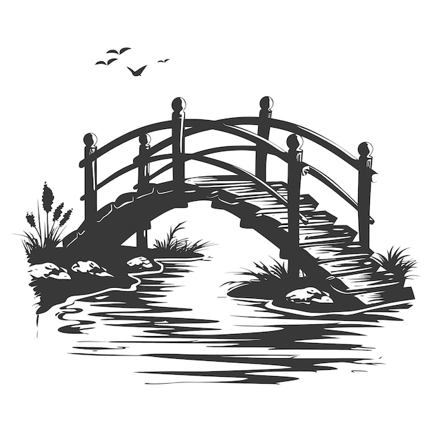 silhouet houten brug over de rivier volledig zwarte kleur alleen