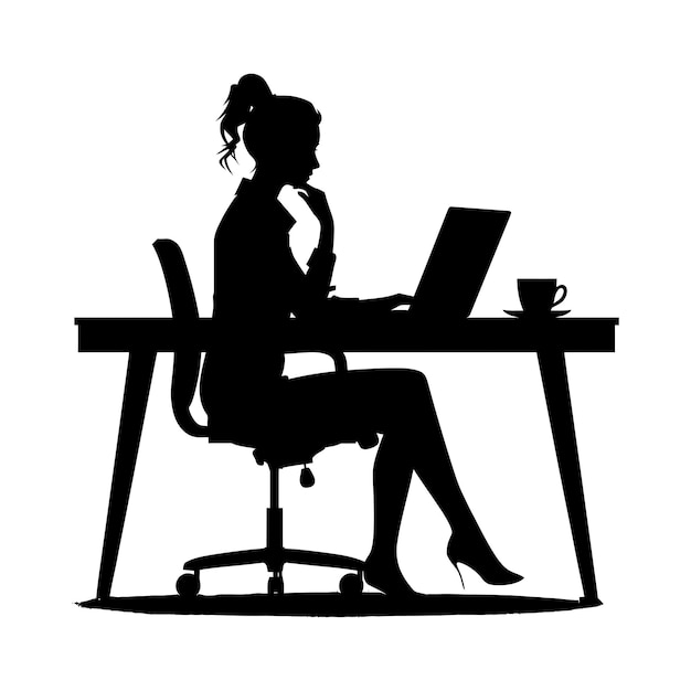 Silhouet kantoor bureau met laptop en koffie met vrouwen die binnen werken