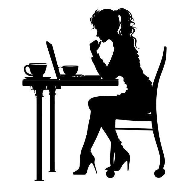 Vector silhouet kantoor bureau met laptop en koffie met vrouwen die binnen werken