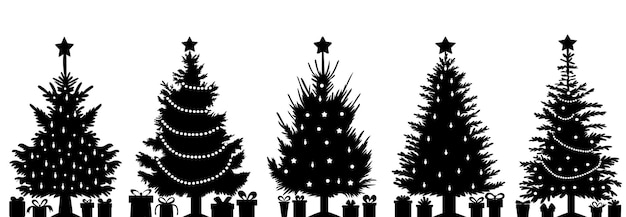 Silhouet kerstbomen met geschenken geïsoleerde vector