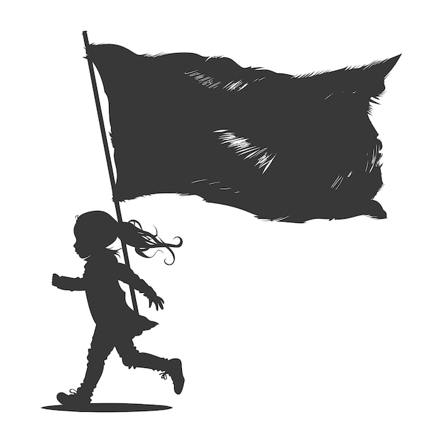 Silhouet klein meisje rende terwijl het dragen van een gewone vlag zwarte kleur alleen het hele lichaam