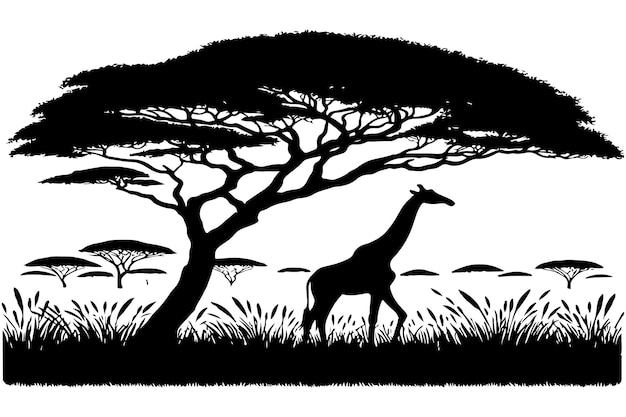 silhouet kunstwerk dat een serene Afrikaanse savanne scène toont