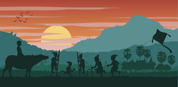 Vector silhouet landschap van het platteland spel van kinderen van asië