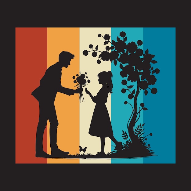 Silhouet Man die bloemen geeft aan vrouw Aandelenvector en logo