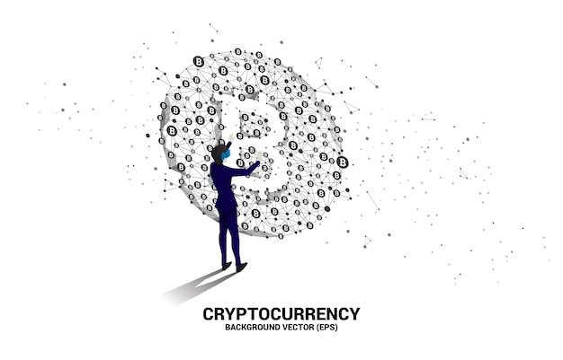 Silhouet man draagt een vr-bril met bitcoin-pictogram van polygon dot connect line concept voor cryptocurrency-technologie en financiële netwerkverbinding