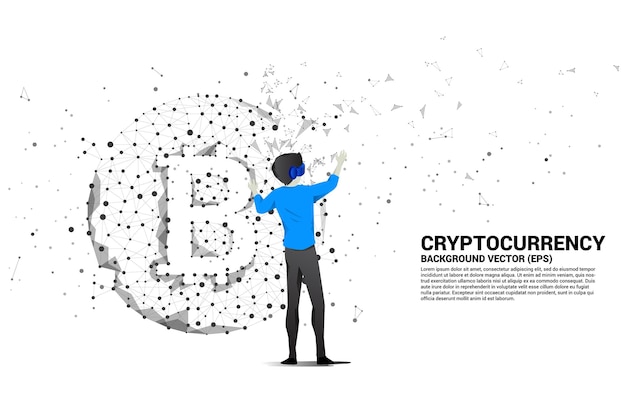 Silhouet man draagt een VR-bril met bitcoin-pictogram van Polygon dot connect line Concept voor cryptocurrency-technologie en financiële netwerkverbinding