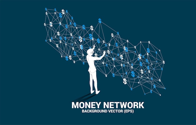 Vector silhouet man draagt een vr-bril met dollarpictogram van polygon dot connect line concept voor digitale geldtechnologie en financiële netwerkverbinding