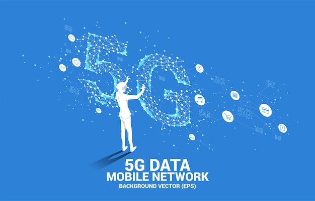 Silhouet man draagt vr-bril polygon dot connect lijnvormige 5g mobiele netwerken concept van digitale virtual reality-technologie en ar