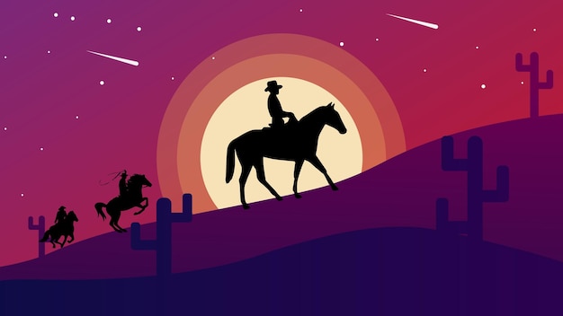 silhouet middag uitzicht schemering cowboy nacht uitzicht ontwerp behang illustratie