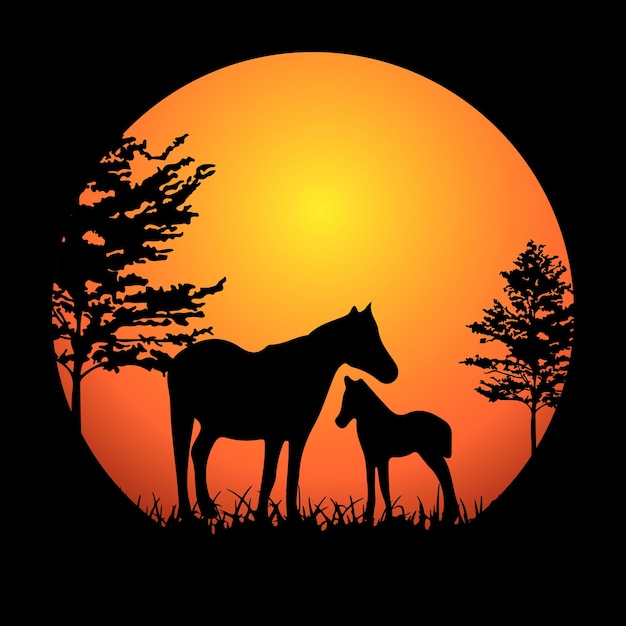 Silhouet moeder en baby paarden