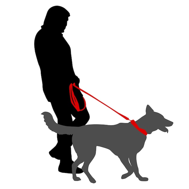 Silhouet op een witte achtergrond van een volk met een hond voor een wandeling