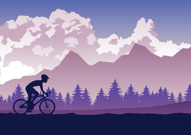 Silhouet van activiteiten van mensen die trainen met de fiets passeren het bos