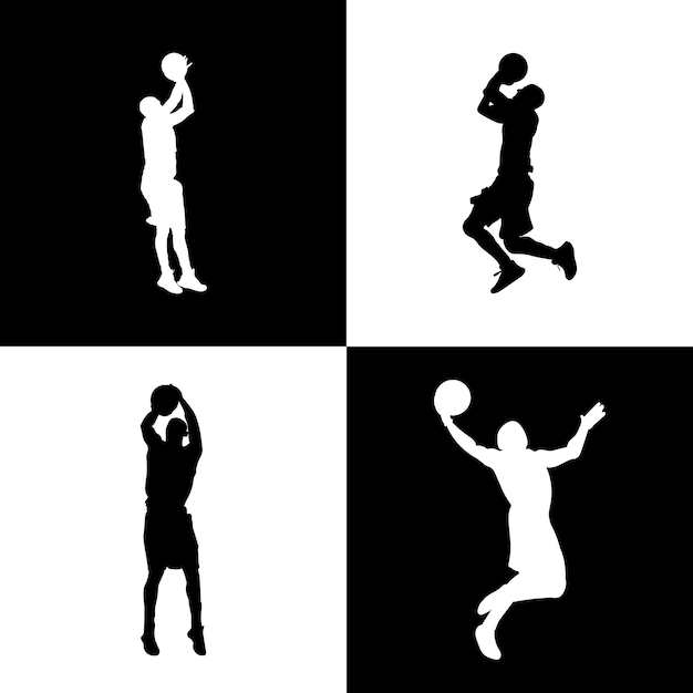 Silhouet van basketbalspeler met bal schieten dunk