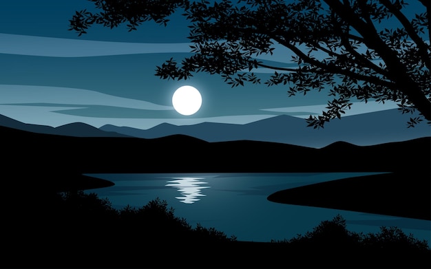 Vector silhouet van bos en rivier 's nachts