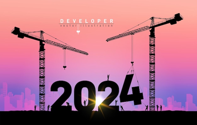 Silhouet van bouwvakker met kraan en lucht ter voorbereiding van welkom 2024 Nieuwjaar