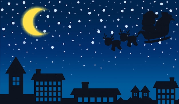 Vector silhouet van de kerstman en de stad nacht