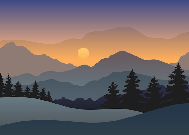 Silhouet van dennenbos op een achtergrond van grijze bergen Avondlandschap Vectorillustratie op witte achtergrond