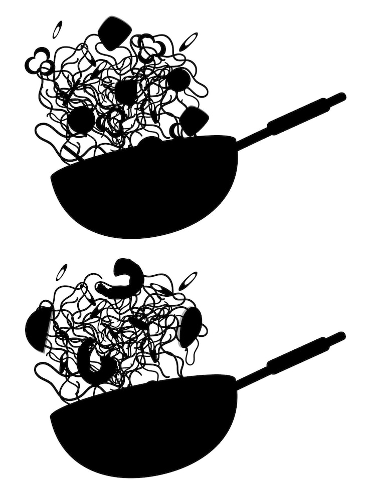 Vector silhouet van een chef-kok die chinese noedels in een wok kookt