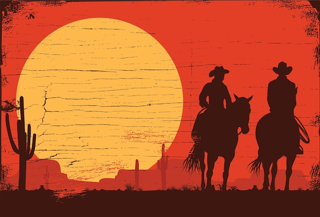 Silhouet van een cowboys die paarden berijden