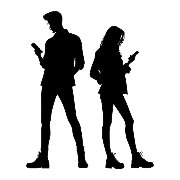 silhouet van een echtpaar dat naar een smartphone kijkt en hun rug naar elkaar draait