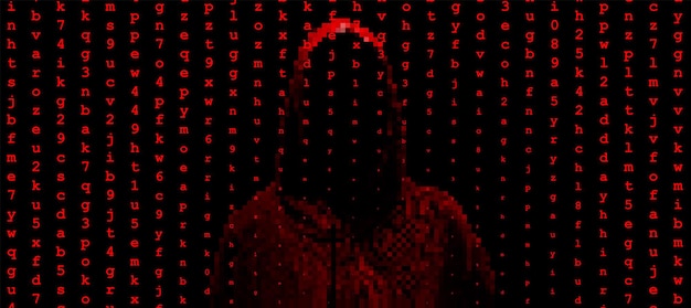 Vector silhouet van een hacker op een achtergrond met binaire code en lichten, hacking van een computersysteem, diefstal van gegevens