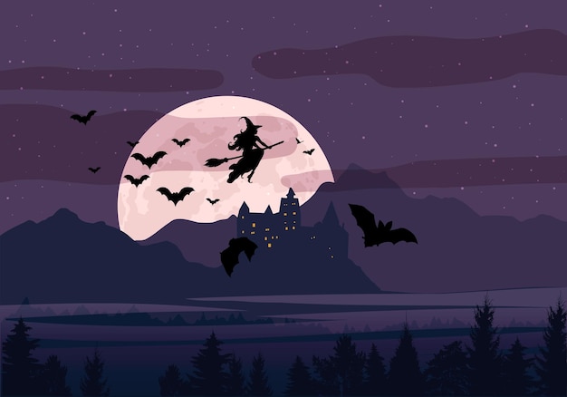 Silhouet van een heks op volle maan achtergrond, zwerm vleermuizen, cartoon kasteel, berglandschap