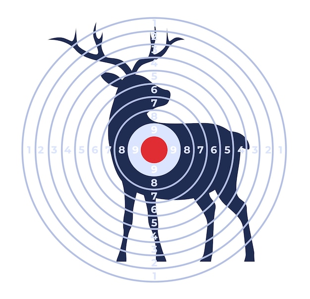 Vector silhouet van een hert met doelwitcirkels erover bullseye op dierconcept voor precisie of jachtdoel