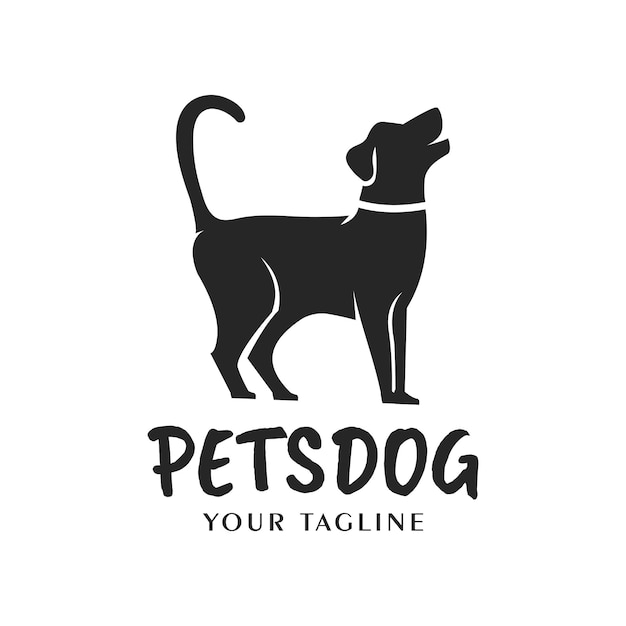 Silhouet van een hond die speelt illustratieontwerp van een hond met een staande staart als teken dat hij wil spelen zwart-witte achtergrond