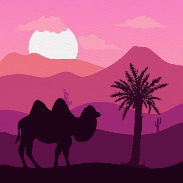 Vector silhouet van een kameel die geïsoleerd wandelt in de woestijnachtergrond van de avond.