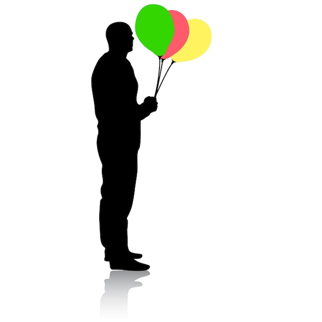 Silhouet van een man met ballonnen in de hand op een witte achtergrond