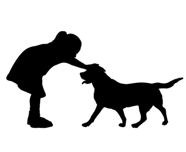 Vector silhouet van een meisje dat haar huisdier een hond aait