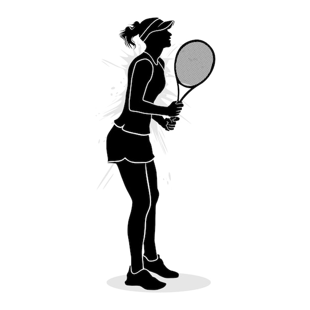 Silhouet van een professionele tennisspeelster geïsoleerd op een witte achtergrond