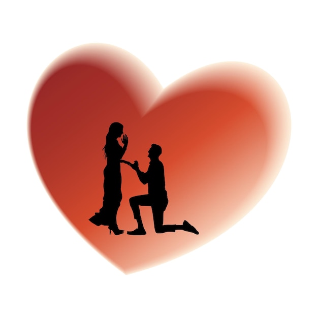 Silhouet van een verliefd stel voor een rood hart - Valentijnsdagpaar
