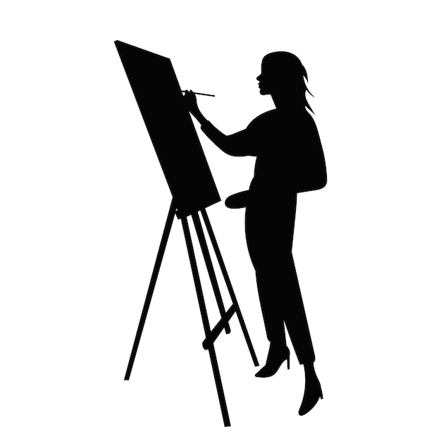 Vector silhouet van een vrouw die aan een easel schildert op een witte achtergrondvector