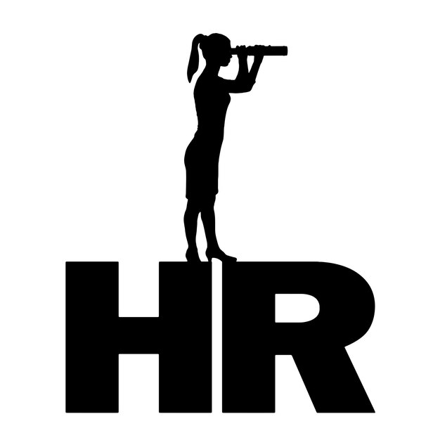 Silhouet van een vrouw die op de letters hr staat en door een verrekijker kijkt op zoek naar potentiële werknemers business human resources concept