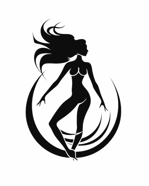 Silhouet van een vrouw met lang haar in een cirkel.