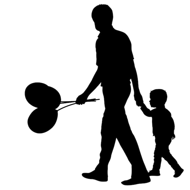 Silhouet van gelukkige familie met ballonnen in de hand op een witte achtergrond