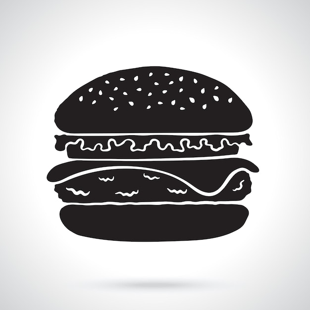 Silhouet van hamburger met kaas, tomaat en salade Ongezond voedsel Vectorillustratie