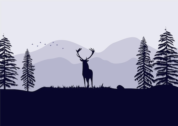 Silhouet van herten in het bos. Vectorillustratie in blauwe tinten.