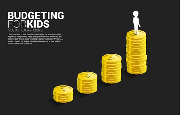 Silhouet van jongen die zich bovenop de groeigrafiek met stapel muntstuk bevindt. banner van budgettering voor kinderen.